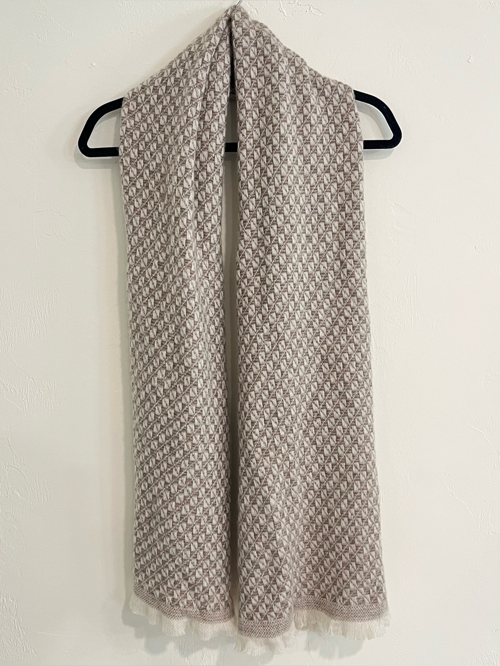 Ania A Cashmere Geometric Scarf Beige Tan Fringe Luxury Timeless Winter